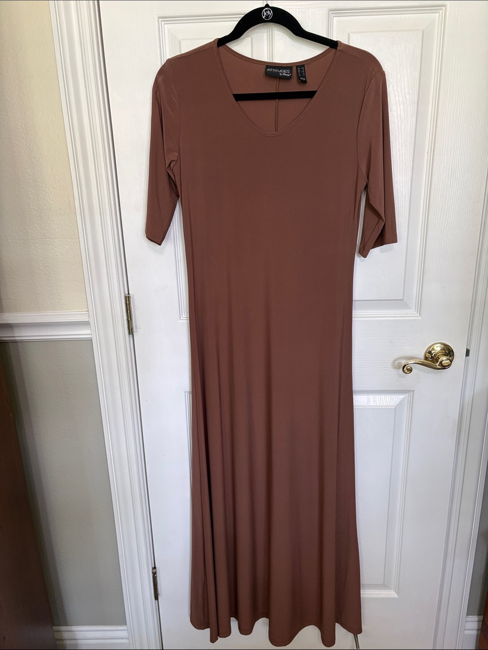 Attitudes by Renee Caramel Brown V-Neck Elbow Sleeve Maxi Dress Vacation BOHO
